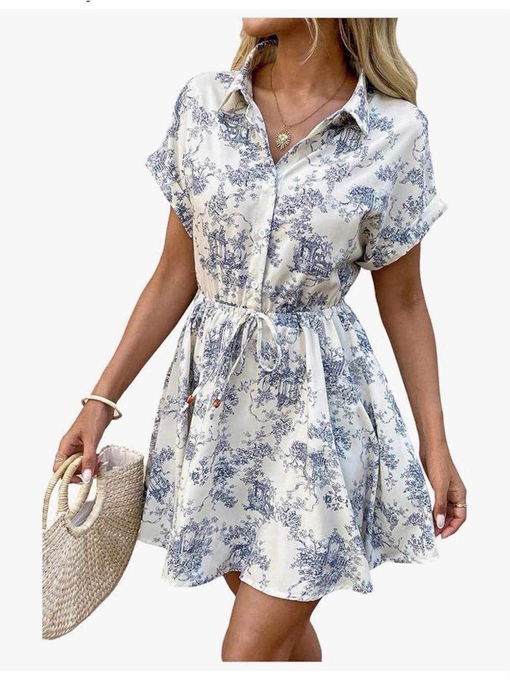Cream and Blue Toile Mini Shirt Dress with Drawstring Waist
